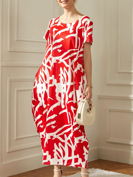 Vacation Crew Neck Short sleeve Abstract Loose Long Dress, Dresses, color:Red|size:XXL, Stylewe