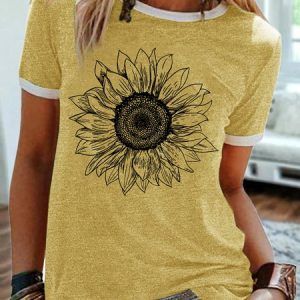 Women's Sunflower Graphic Printing Casual Crew Neck T-Shirt, color:Yellow|size:3XL, Lilicloth.com