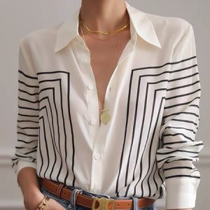 Striped Shirt Collar Urban Blouse, Blouses and Shirts, color:White|size:XXL, Stylewe