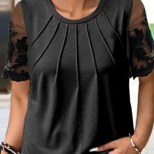 Plus Size Plain Crew Neck Jersey Elegant T-Shirt, TOPS, color:Black|size:4X, Noracora