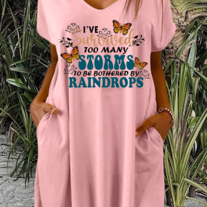 Women's I've Survived Too Many Storms To Be Bothered By Raindrops V Neck Casual Dress, color:Pink|size:3XL, Lilicloth.com