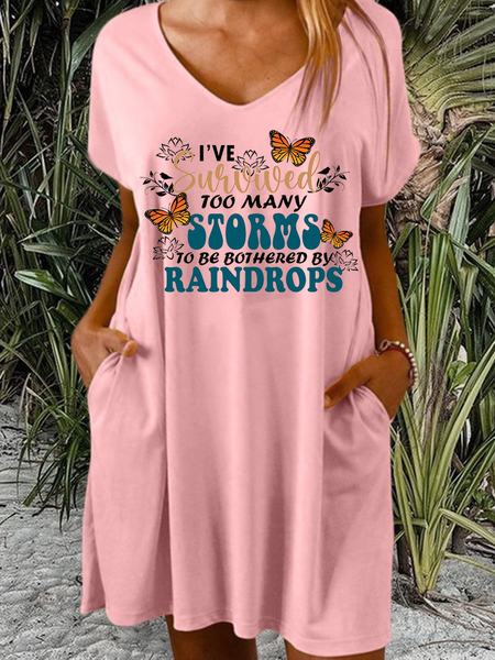 Women's I've Survived Too Many Storms To Be Bothered By Raindrops V Neck Casual Dress, color:Pink|size:3XL, Lilicloth.com