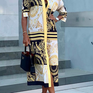 Plus Size Loose Shirt Collar Long sleeve Urban Ethnic Midi Shirt Dress, Plus Dresses, color:Yellow|size:4X, Stylewe