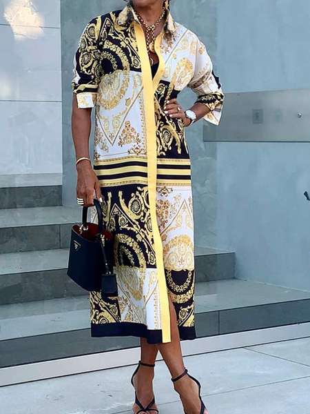 Plus Size Loose Shirt Collar Long sleeve Urban Ethnic Midi Shirt Dress, Plus Dresses, color:Yellow|size:4X, Stylewe