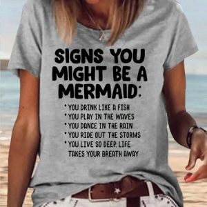 Women's Signs You Might Be A Mermaid FunnyCrew Neck Casual T-Shirt, color:Gray|size:3XL, Lilicloth.com
