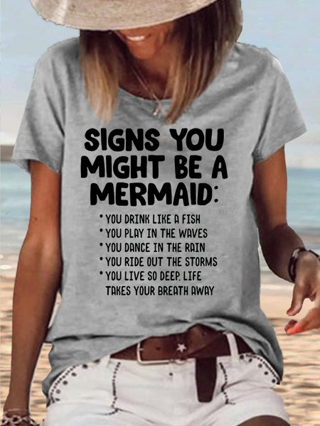 Women's Signs You Might Be A Mermaid FunnyCrew Neck Casual T-Shirt, color:Gray|size:3XL, Lilicloth.com