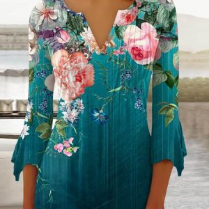 Casual Floral Regular Fit V Neck Shirt, Shirts & Blouses, color:darkgreen|size:3XL, JustFashionNow