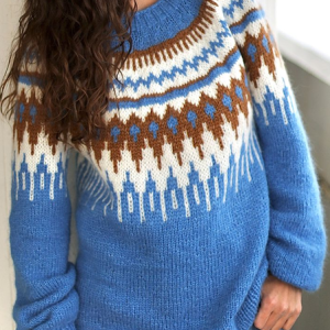 Women Yarn/Wool Yarn Fair Isle Long Sleeve Comfy Casual Sweater, Sweaters, color:Blue|size:XXL, Noracora