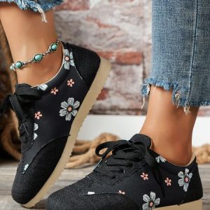 Black Floral Graphic Lace-Up Flats, Flats, color:Black|size:43, JustFashionNow