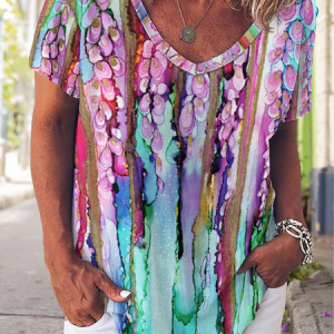 Casual Abstract Art Print V-Neck T-Shirt, color:As Picture|size:3XL, Lilicloth.com