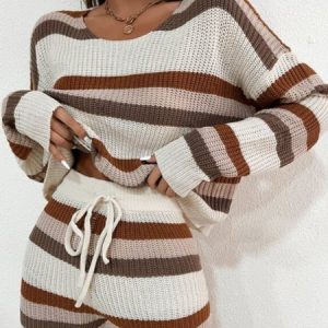 Women Striped Crew Neck Long Sleeve Comfy Casual Top With Pants Two-Piece Set, Sets, color:Deep Khaki|size:L, Noracora