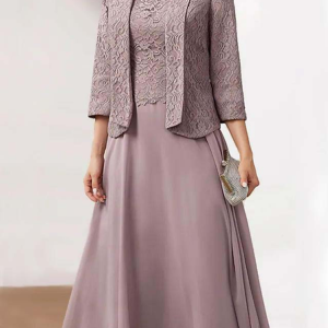 Women's Dress Set Two Piece Dress Midi Dress Dusty Pink 3/4 Length Sleeve Embroidery Embroidered Layered Ruched Fall Winter Crew Neck Modern Mature, Formal Dresses, color:Dusty Pink|size:5XL, JustFashionNow