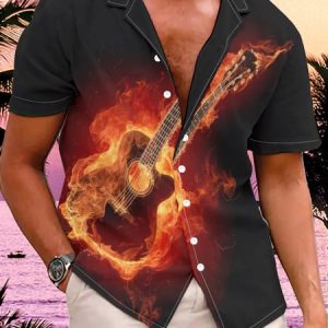 Men's Flame Guitar Shirt Casual Vacation Hawaiian Clothing, Shirts & Blouse, color:As Picture|size:3XL, JustFashionNow