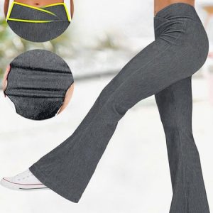 Plain Casual Loose High Waisted Crossover Stretchy Knit Denim Casual Flare Pants, Pants, color:Gray|size:XXL, JustFashionNow