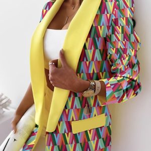 Urban Regular Fit Shawl Collar Geometric Blazer, Blazers, color:Yellow|size:XXL, Stylewe