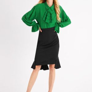 Shirt Collar Elegant Flouncing Top, Blouses and Shirts, color:Green|size:XXL, Stylewe