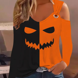 Casual Halloween Cold Shoulder Long Sleeve T-shirt, T-shirts, color:Orange|size:XXL, Noracora