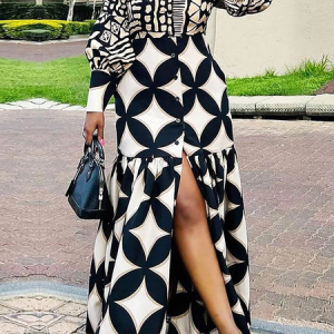 Regular Fit Geometric Long Sleeve Elegant Shirt Dress, Maxi Dresses, color:Black|size:XXL, Stylewe