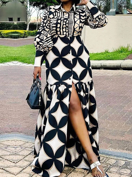 Regular Fit Geometric Long Sleeve Elegant Shirt Dress, Maxi Dresses, color:Black|size:XXL, Stylewe
