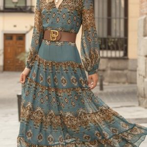 Women's V Neck Chiffon Vacation Ethnic Dress, Midi, color:Blue|size:XXL, catalog Noracora shop