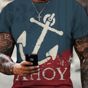 Daily Casual Anchor Letter Pattern Round Neck Short Sleeve T-Shirt Street Vacation Men's, T-Shirts, color:Blue|size:3XL, JustFashionNow