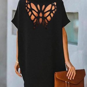 Daily Loose Butterfly Urban Devore Eyelet Dress, Mini Dresses, color:Black|size:XS, Stylewe