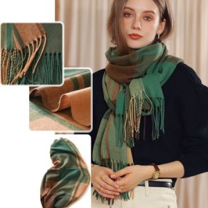 Contrasting Plaid Tassels Faux Cashmere Warm Scarf, Women Scarves & Shawls, color:darkgreen|size:One-size, JustFashionNow