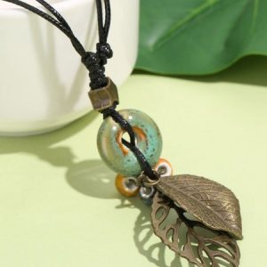 Boho Round Ceramic Leaf Necklace Sweater Chain, Necklaces, color:Green|size:One-size, JustFashionNow