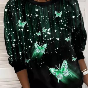 Women Casual Blue Shiny Butterfly Loose Sweatshirt, Sweatshirts & Hoodies, color:Green|size:XXL, JustFashionNow