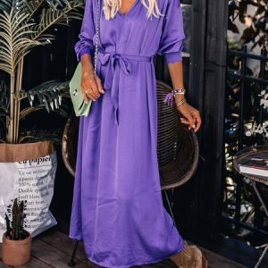 Plain V Neck Regular Fit Casual Dress, Dresses, color:Purple|size:XXL, JustFashionNow
