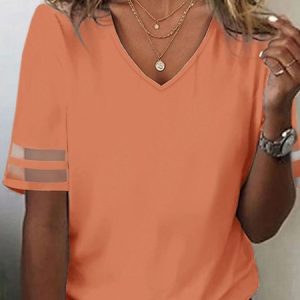 V Neck Casual Short Sleeve T-Shirt, T-shirts, color:Orange Pink|size:XXL, Noracora