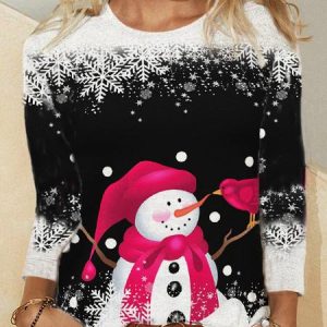 Women's Sweatshirt Christmas Snowman Printed Crew Neck Regular Fit, T-Shirts, color:Black-white|size:XXL, JustFashionNow
