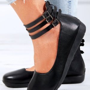 Vintage Black Buckle Decor Comfy Sole Shallow Shoes wtith Back Zip, Flats/Loafers, color:Black|size:43, Noracora