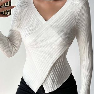 Casual Plain Halter Long Sleeve T-shirt, T-shirts, color:Beige|size:L, Noracora