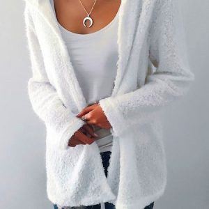 Hoodie Long Sleeve Plain Thicken Micro-Elasticity Loose Hooded Teddy Jacket For Women, Coats, color:White|size:XXL, Noracora