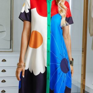 Loose Vacation Floral Stand Collar Shirt Dress, Dresses, color:As Picture|size:XXL, Stylewe