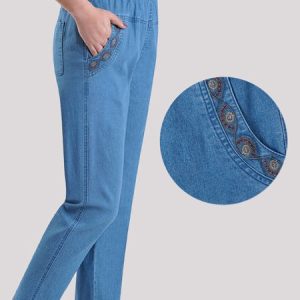 Ladies Denim Ethnic Embroidered Pattern Denim Trousers Casual Daily Commuting Women's Clothing, Jeans, color:Light Blue|size:3XL, JustFashionNow