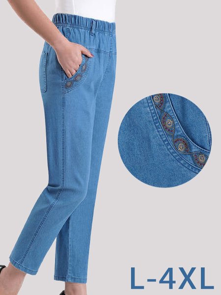 Ladies Denim Ethnic Embroidered Pattern Denim Trousers Casual Daily Commuting Women's Clothing, Jeans, color:Light Blue|size:3XL, JustFashionNow