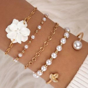 Vacation Pearl Beaded Floral Tiered Bracelet Boho Casual Women's Jewelry, Bracelets, color:As Picture|size:One-size, Stylewe