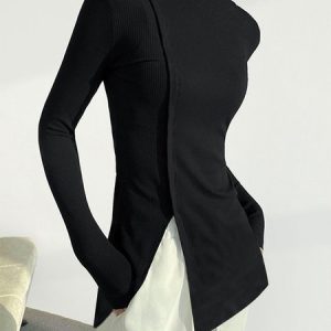 Plain Daily Long sleeve Regular Fit Simple T-Shirt, Tees, color:Black|size:XXL, Stylewe