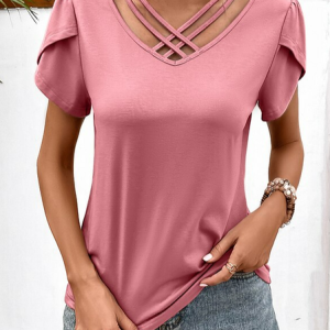 Plain V Neck Casual Shirt, Shirts & Blouses, color:Pink|size:XXL, JustFashionNow