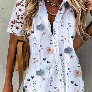 Loose Lace Floral Boho Blouse, Shirts & Blouses, color:White|size:XXL, JustFashionNow