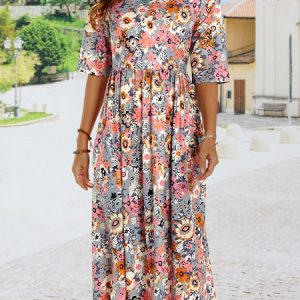 Loosen Casual Floral Short Sleeve Woven Dress, Dresses, color:Deep Blue|size:XXL, JustFashionNow