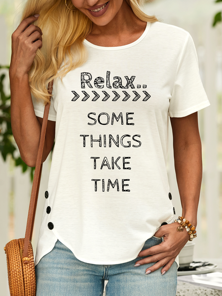 Women’s Relax Some Things Take Time Casual Cotton Text Letters T-Shirt, color:White|size:3XL, Lilicloth.com