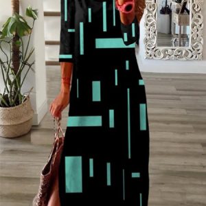 Women Geometric Casual Autumn V neck Natural Lightweight Jersey Best Sell Three Quarter Sleeve Dress, Maxi, color:Black-blue|size:XXL, Noracora