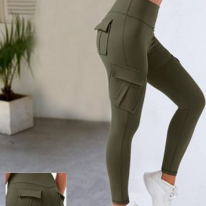 Casual Tight Plain High Waisted Cargo Pocket Skinny Yoga Cargo Pants, Pants, color:Green|size:XXL, JustFashionNow