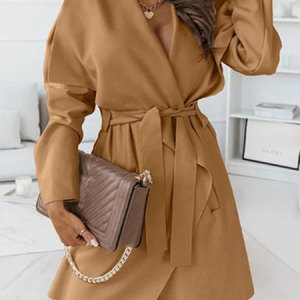 Shawl Collar Long Sleeve Plain Open Front Heavyweight Micro-Elasticity Loose Trench Coat For Women, Trench coat, color:Khaki|size:XXL, Noracora