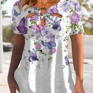 Floral Square Neck Regular Fit Casual T-Shirt, T-Shirts, color:White|size:XXL, JustFashionNow