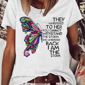 Women's Butterfly They Whispered To Her Letter Casual T-Shirt, color:White|size:3XL, Lilicloth.com
