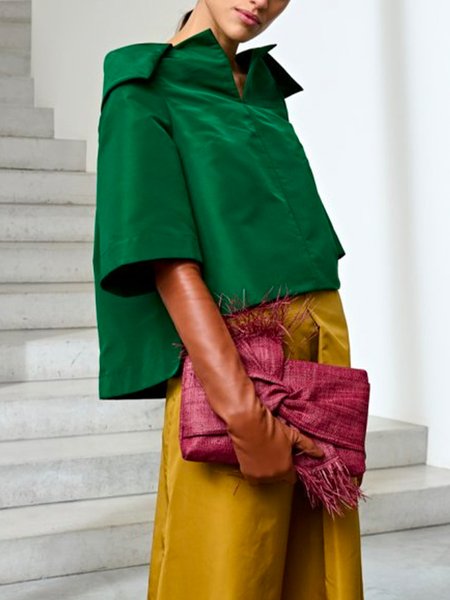 Loose Plain Shirt Collar Urban Blouse, Blouses and Shirts, color:Green|size:XS, Stylewe